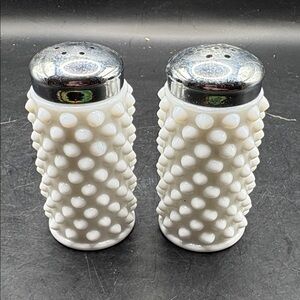 Fenton White Hobnail Salt and Pepper Shakers with Silver Tops